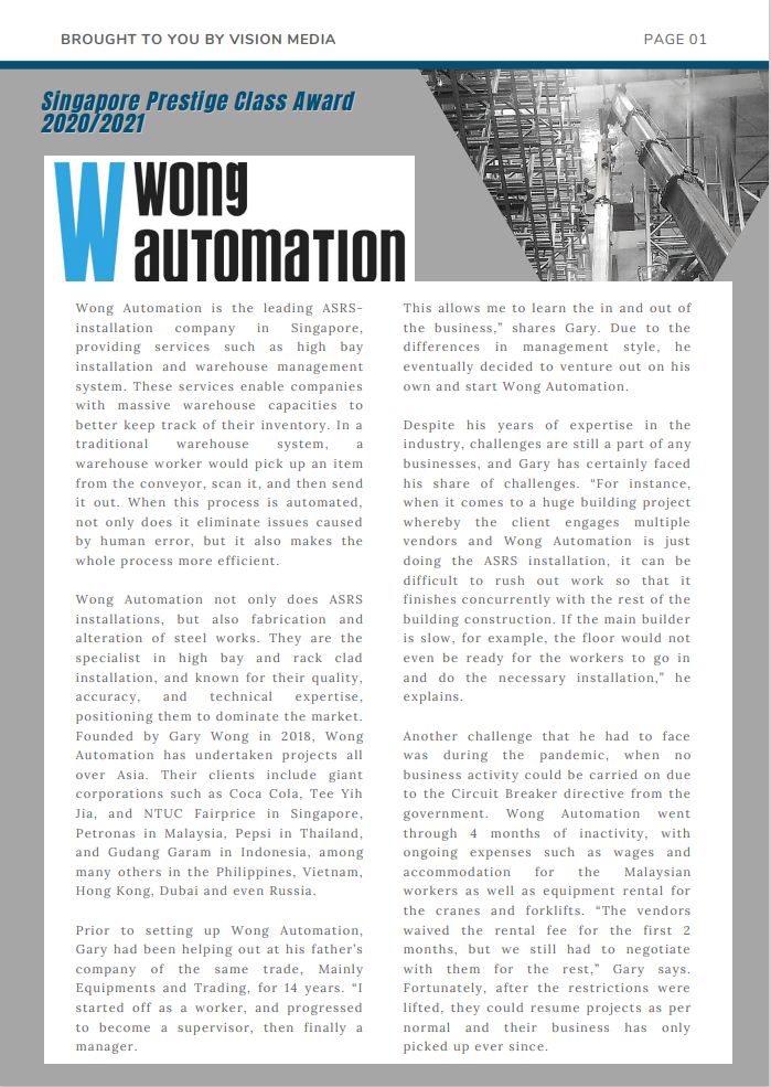 Singapore Prestige Class Award interview feature for Wong Automation