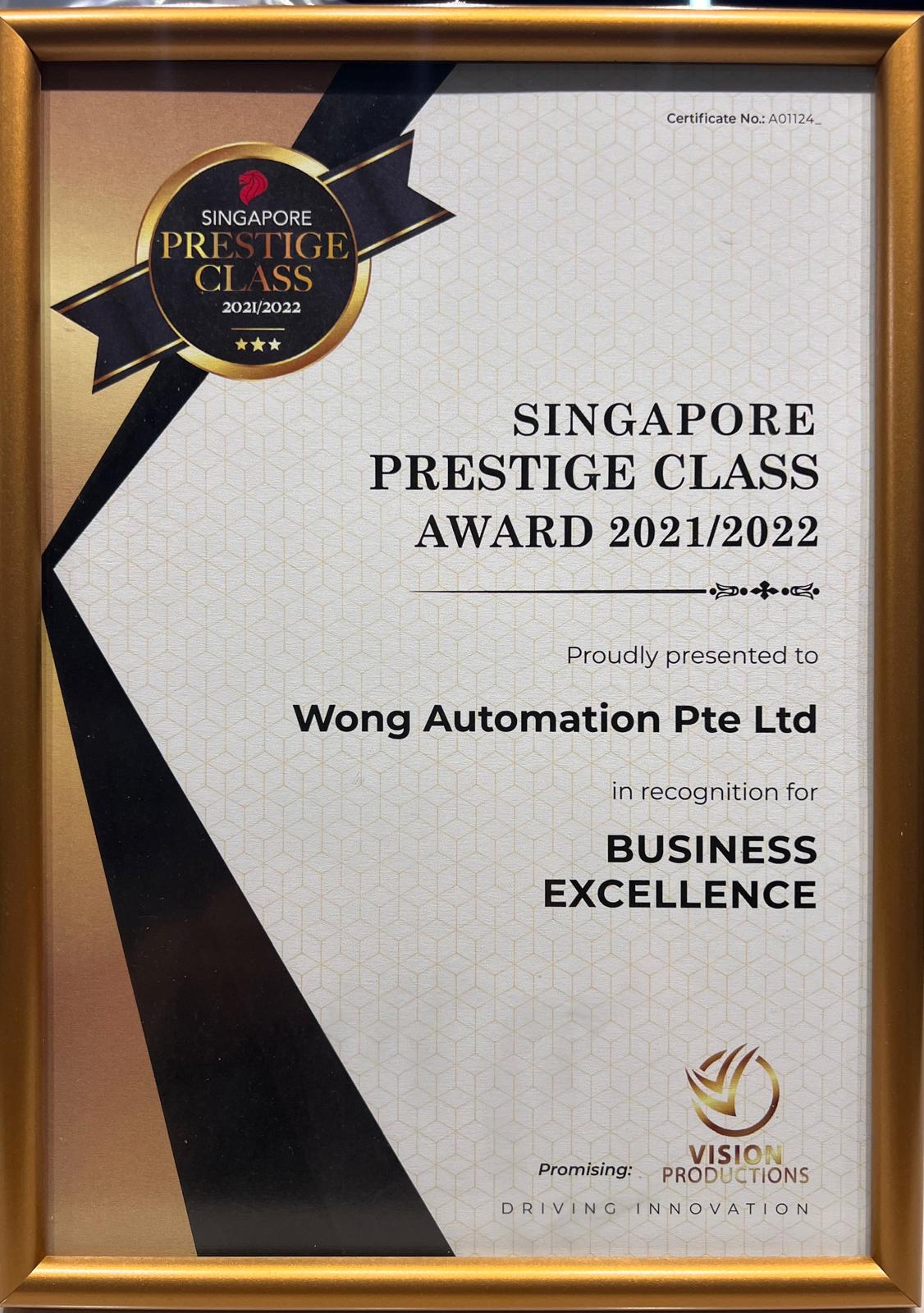 Singapore Prestige Class Award 2021/2022 certificate for Wong Automation