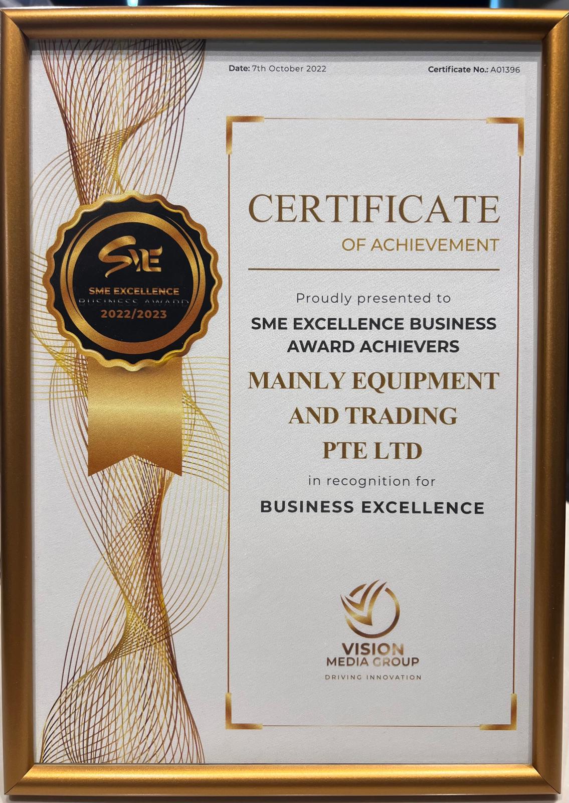 SME Excellence Business Award Achievers certificate for Mainly Equipment and Trading
