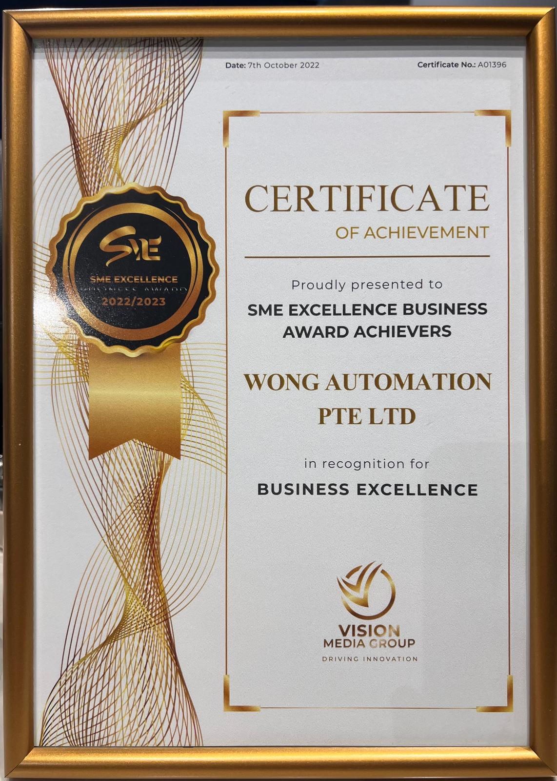 SME Excellence Business Award Achievers certificate for Wong Automation
