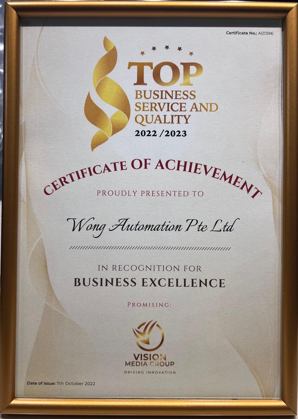 Top Business Service and Quality certificate for Wong Automation